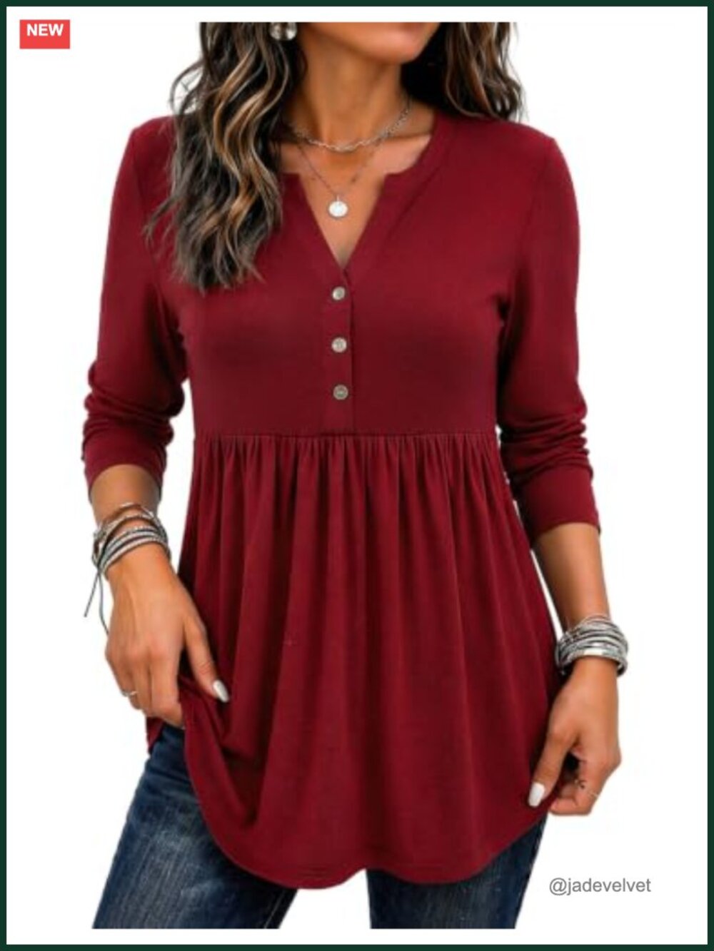 Zeagoo Women's Long Sleeve Boho Henley V-Neck Pleated Tunic Blouse Top - 95%
